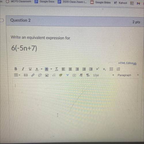 Write an equivalent expression for
6(-5n+7)