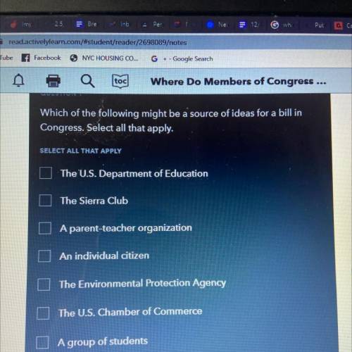 Which of the following might be a source of ideas for a bill in

Congress. Select all that apply.