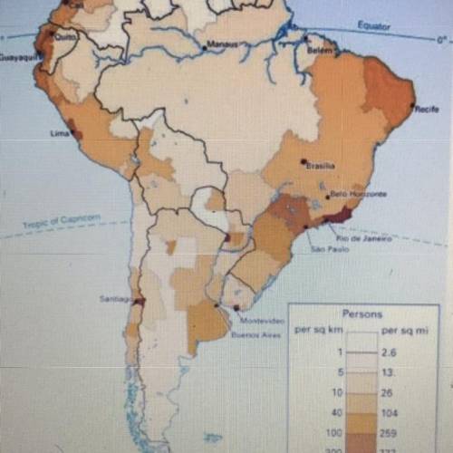 10. The map below is a population density map of South America. Where does most of the

population