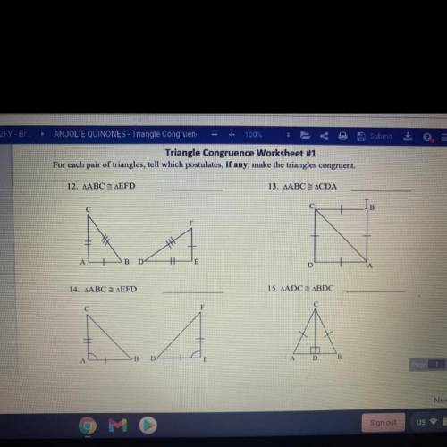 Triangle Congruence Worksheet #1

For each pair of triangles, tell which postulates, if any, make