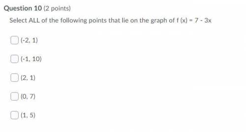 Select ALL of the following points that lie on the graph of f (x) = 7 - 3x