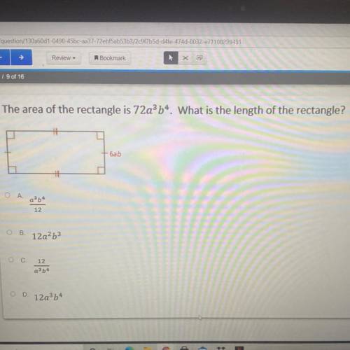 Help please

The area of the rectangle is 72a^3 b^4. What is the