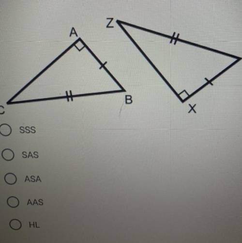 Which triangle congruence is this?
SSS
SAS
ASA
AAS
HL