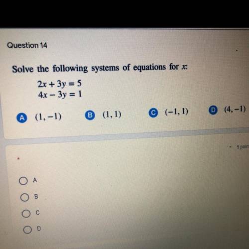 Solve the following systems of equations for x:
2x + 3y = 5
4x – 3y = 1
