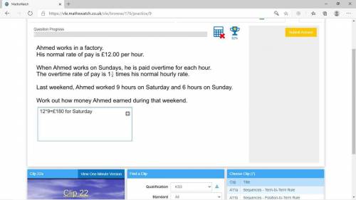 Ahmed works in a factory his normal rate of pay is £12.00 per hour

When ahmed works on sundays he