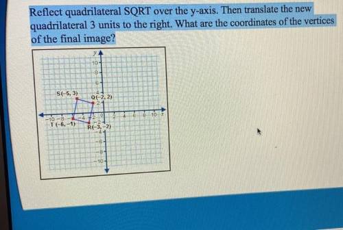 Reflect quadrilateral SQRT over the y-axis. Then translate the new

quadrilateral 3 units to the r