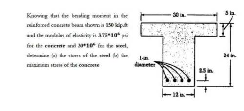 Knowing that the bending moment in the

reinforced concrete beam shown is 150 kip.ft
and the modul