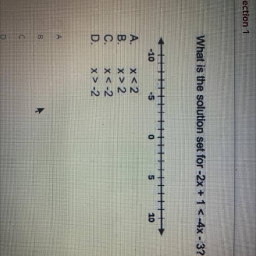 1

What is the solution set for -2x + 1 <-4x - 3?
-10
-5
0
5
10
A.
B.
C.
x<2
X> 2
X<-2