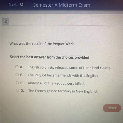 What was the result of the Pequot War?
 

Select the best answer from the cholces provided
Please h
