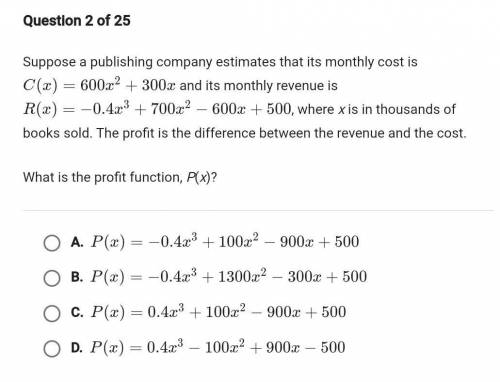 Suppose a publishing company estimates that its monthly cost is C(x) = 600{x^2} + 300xC(x)=600x 2 +