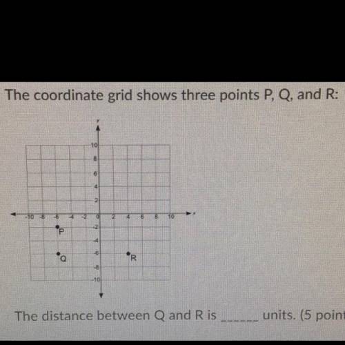 The coordinate grid shows three points P, Q, and R:

1112
14
15
The distance between Q and R is
un