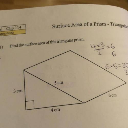 Find the surface area of this triangular prism.
Please explain as well, I’m struggling with it.