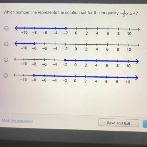 HURRY!!

Which number line represents the solution set for the inequality -x
4?
10
-10 -8
2
10
-10