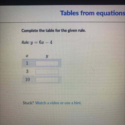 Complete the table for the given rule.
Rule: y = 6x-4
Please help