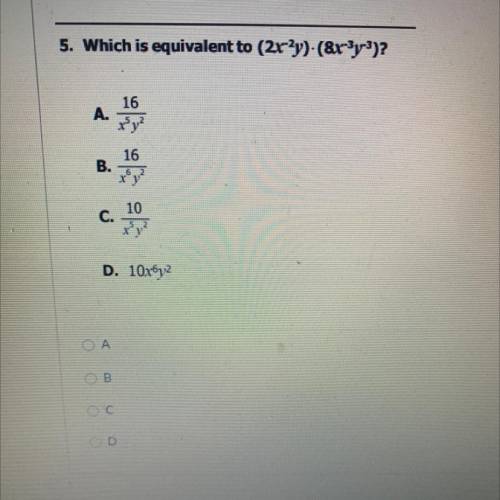 Which is equivalent to (2x^2y)(8x^3y^3)?