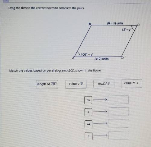 Drag the tiles to the correct boxes to complete the pairs. (6 - x) units 12°+ y 100 - y (x+2) uni