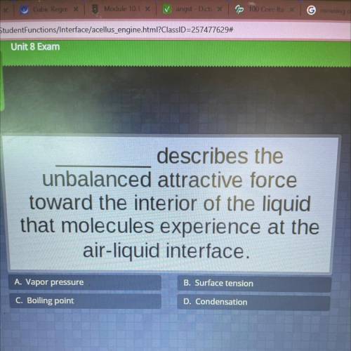 Describes the

unbalanced attractive force
toward the interior of the liquid
that molecules experi