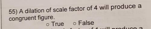 55) A dilation of scale factor of 4 will produce a congruent figureTrue or False