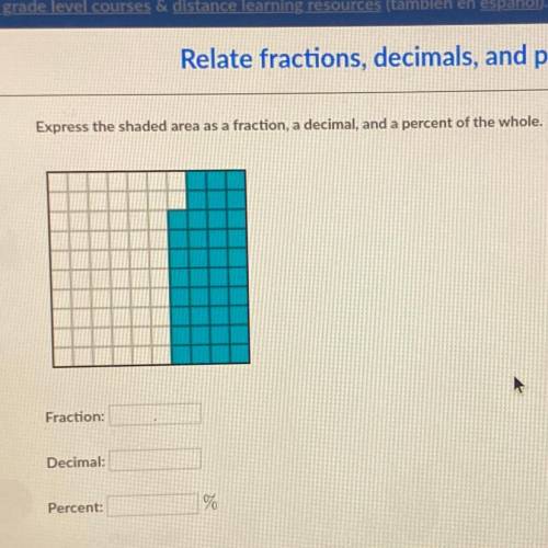 Pls help Express the shaded area as a fraction a decimal in a percentage of the whole