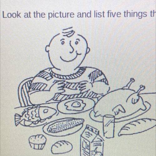Look at the picture and list five things that Gordon is eating for dinner. Do not include what he i