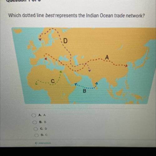 WILL GIVE BRAINLIEST Which dotted line best represents the Indian Ocean trade network?