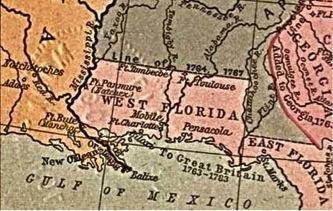 Old map showing West Florida, the panhandle, and East Florida, to the southeast. Under west and eas