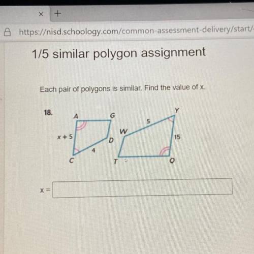 Please help!!
Each pair of polygons is similar. Find the value of x.