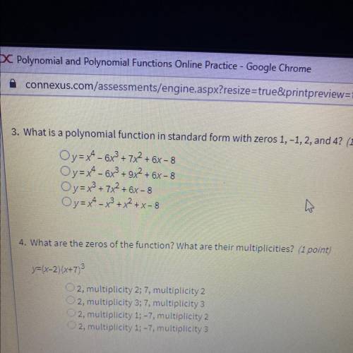 What is a polynomial function in standard form with zeros 1, -1, 2, and 4?