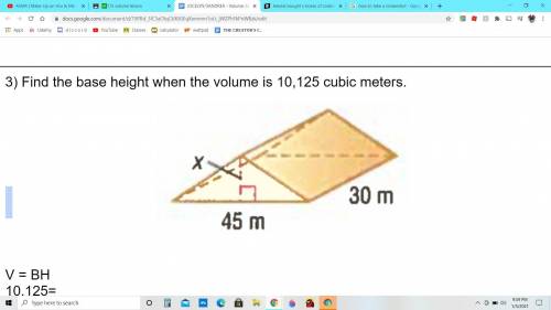 Find the base height when the volume is 10,125 cubic meters.