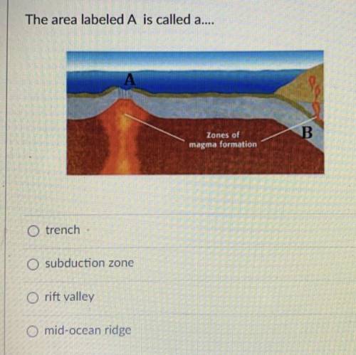 The area labeled A is called what?

1. trench 
2. subduction zone
3. rift valley 
4. mid ocean rid