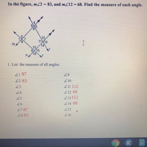 In the figure, m<2 = 83, and m<21 = 68. Find the measure of each angle
