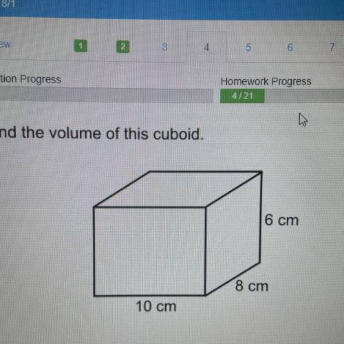 Find the volume of this cuboid.
6 cm
8 cm
10 cm