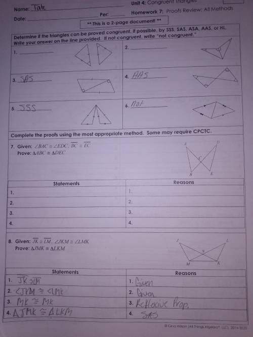 Unit 4 congruent triangles homework 7 proofs review all methodsNEED HELP PLEASEE!!