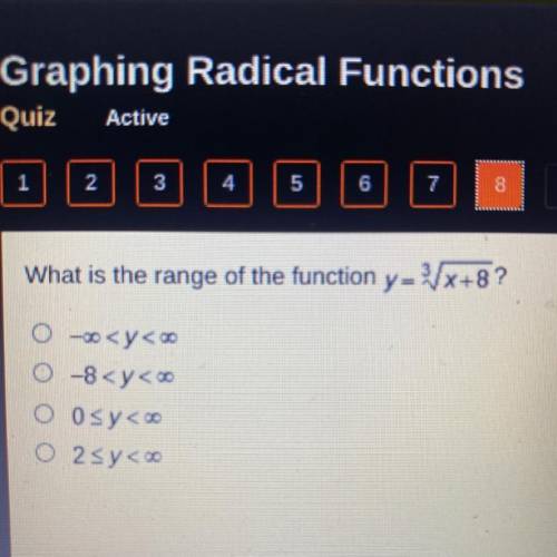 PLEASE HELP ME :( !!! THIS A A TIMED QUIZ <3

What is the range of the function y = 3Vx+8 ?
A.