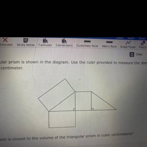 The net of a triangular prism is shown in the diagram. Use the ruler provided to measure the dimens