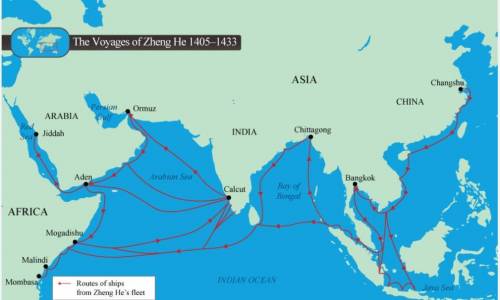 Based on the map, list two modern-day countries in Southeast Asia that Zheng He would have made con