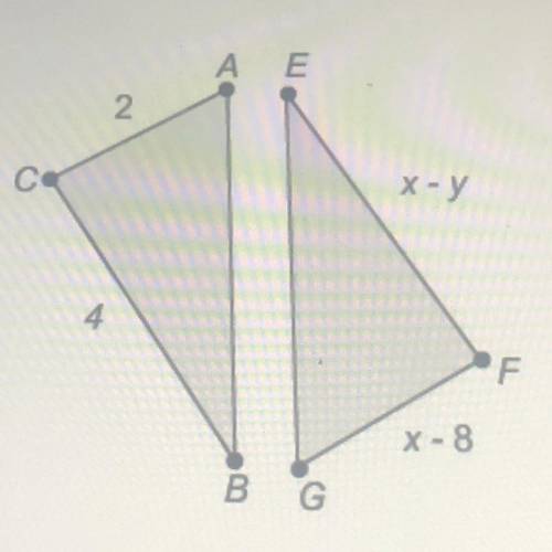 If ABC and DEF are congruent the value of X is￼.. blank and the value of y is..