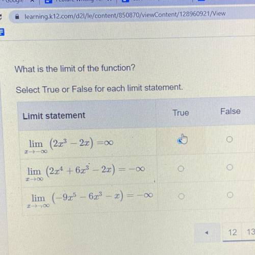 What is the limit of the function?
Select True or False for each limit statement.