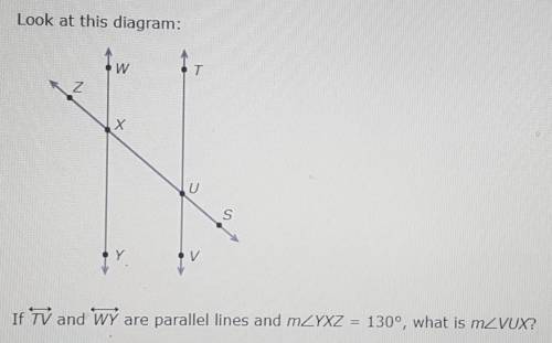 Look at this diagram.

If TV and WY are parallel lines and m<YXZ = 130°, what is m<VUX?____°