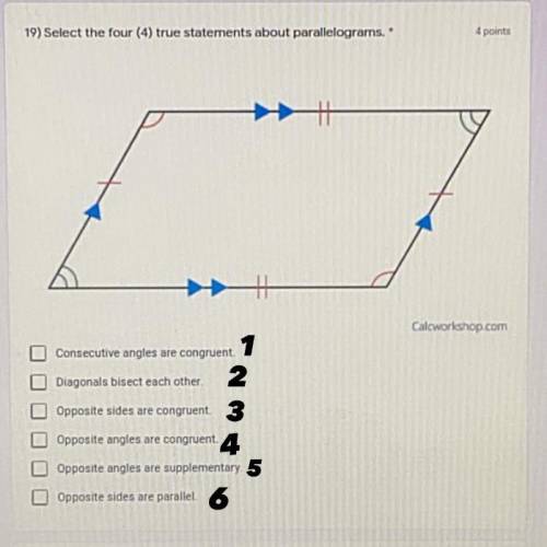 Which 4 true statements about parallelograms are correct below??