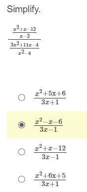 Simplify, please. x^2+x−12/x−2/3x^2+11x−4/x^2−4