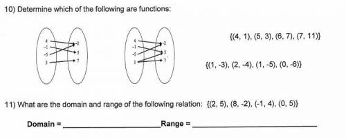 10) Determine which of the following are functions. 11) What are the domain and range of the follow