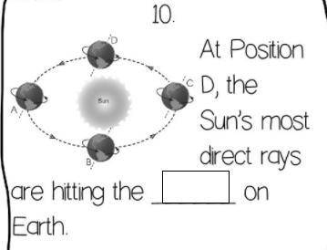 Fill in the blank to answer the question!

At Position D, the Sun's most direct rays are hitting t