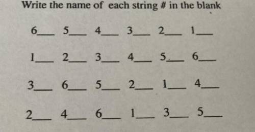 Guitar Class Help!!

Write the name of each string # in the blank
6_5_4_3_2_1_
1_2_3_4_5_6_
3_6_5_
