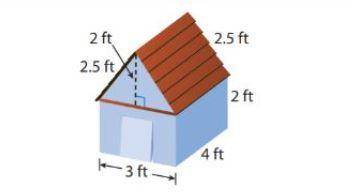 The dog house shown has no floor or windows. Find the total surface area of the dog house including