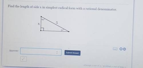 Find the length of side x in simplest form with a radical denominator