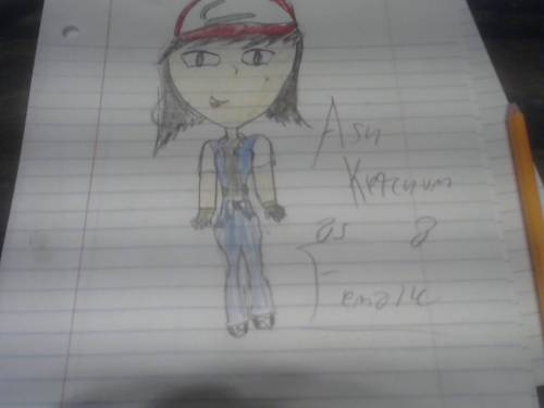 Drawing of Ash Ketchum as a Female.

got any idea of who i should draw next from ANY anime As the
