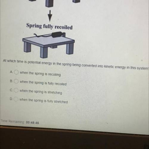 A student is investigating potential and kinetic energy by stretching a spring across a table when