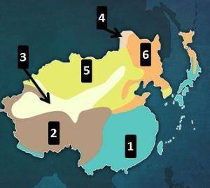 A thematic map of East Asia. Climate regions are labeled 1, 2, 3, 4, 5, and 6. 1 is in southeastern