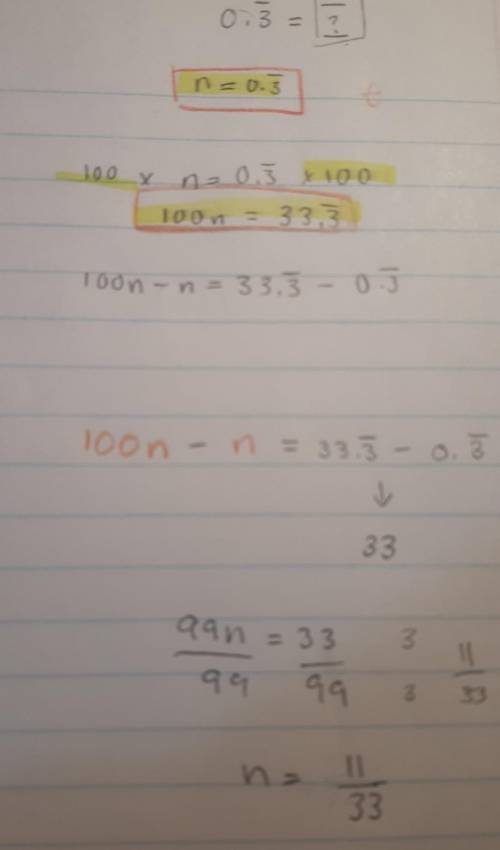 Is the answer to converting repeating decimals to fractions 11/33 or 1/3???